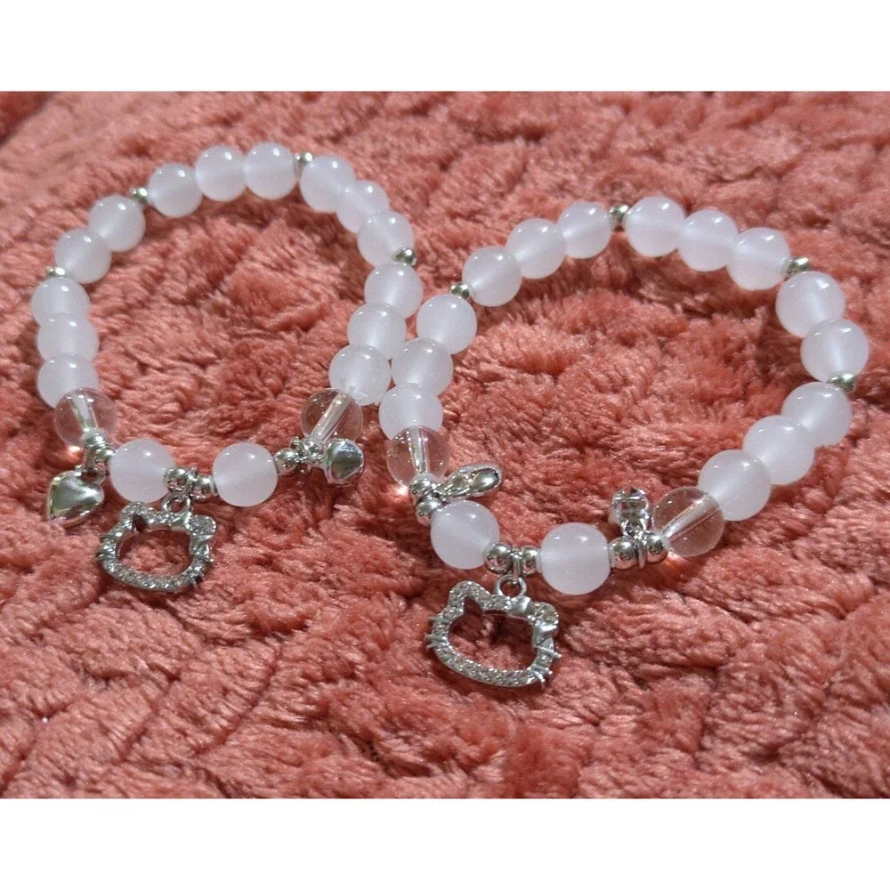 Kawaii Beaded Charm Bracelets Set, Cute Kitty Inspired Jewelry, Coquette Y2K